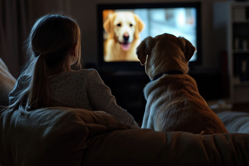 Ein Mädchen und ihr Hund sehen abends auf einer Couch fern; im Fernsehen ist ein gelber Hund zu sehen, was die Neugierde auf Hunde beim Fernsehen weckt.