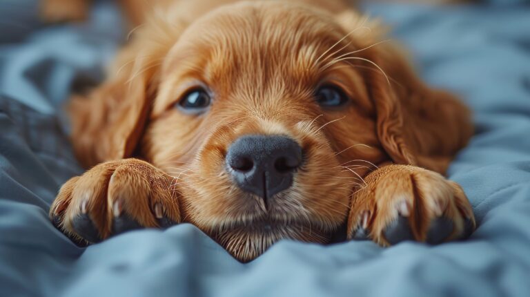 Das Bild zeigt einen süßen beige/braunen Hund.