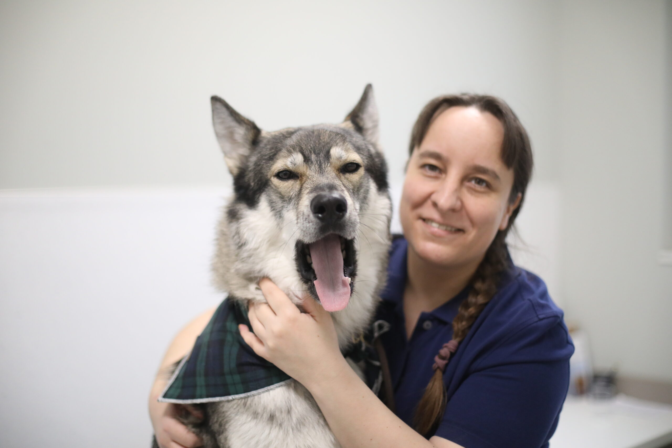 Mariana Kohn lächelt im Haus und umarmt einen großen wolfsähnlichen Hund, der gähnt und eine freundliche, entspannte Stimmung verbreitet.