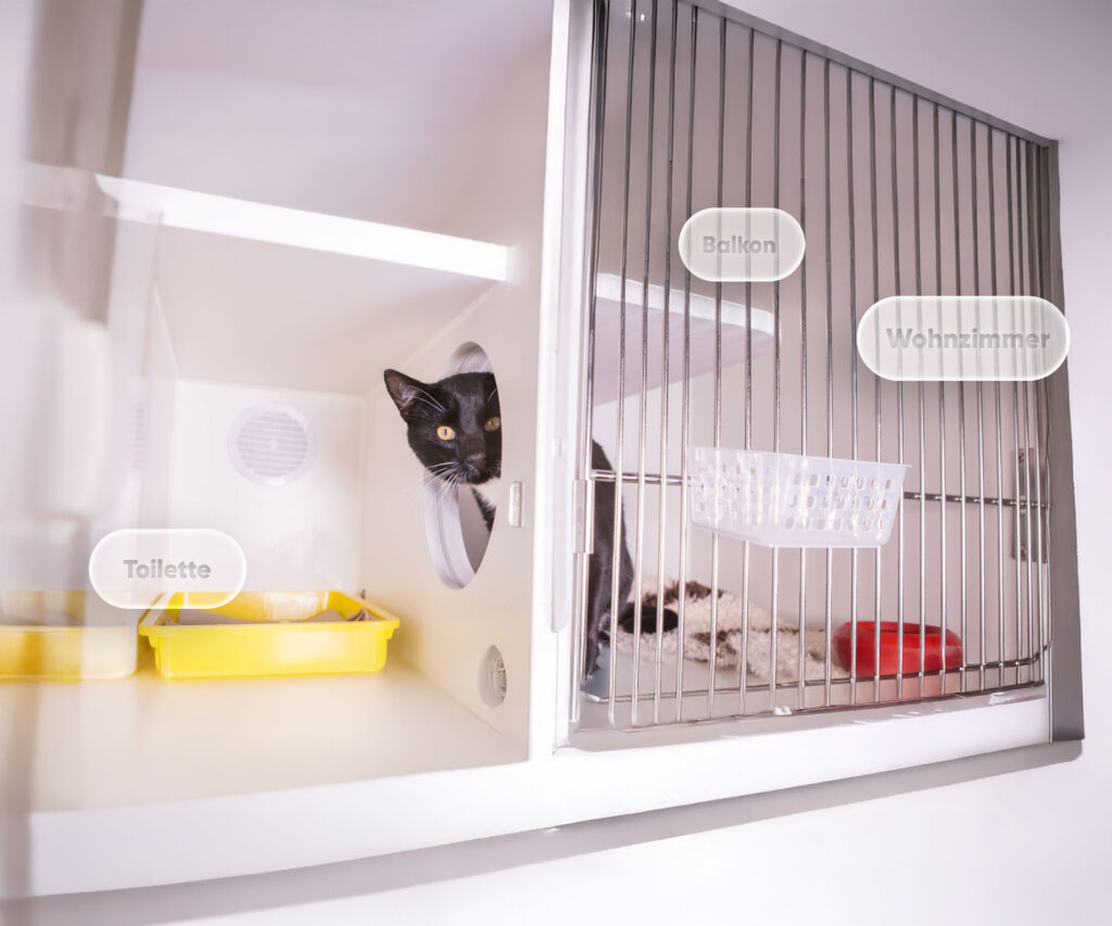 Schwarz-weiße Katze in modernem Gehege mit gelbem Katzenklo, in der Nähe der beschrifteten Fächer "Balkon" und "Wohnzimmer".