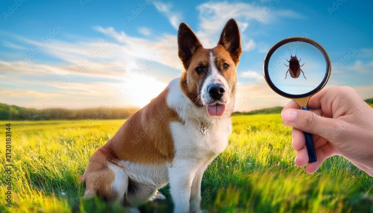 Bild von einem Hund auf einer Wiese, daneben eine Menschenhand, die eine Lupe hält, auf der eineZecke zu sehen ist, einer der häufigsten Parasiten bei Hunden.